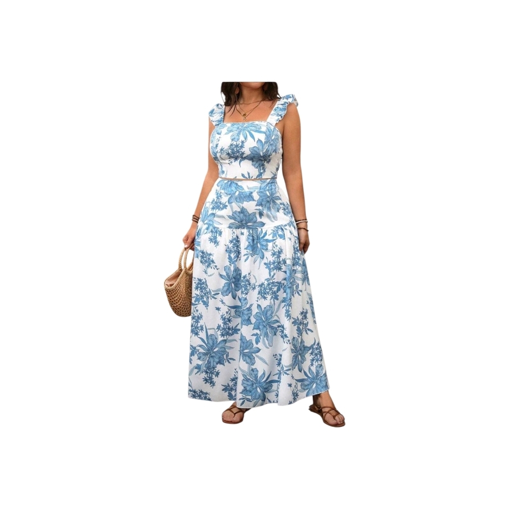 SHEIN Floral Maxi Dress in Blue and White